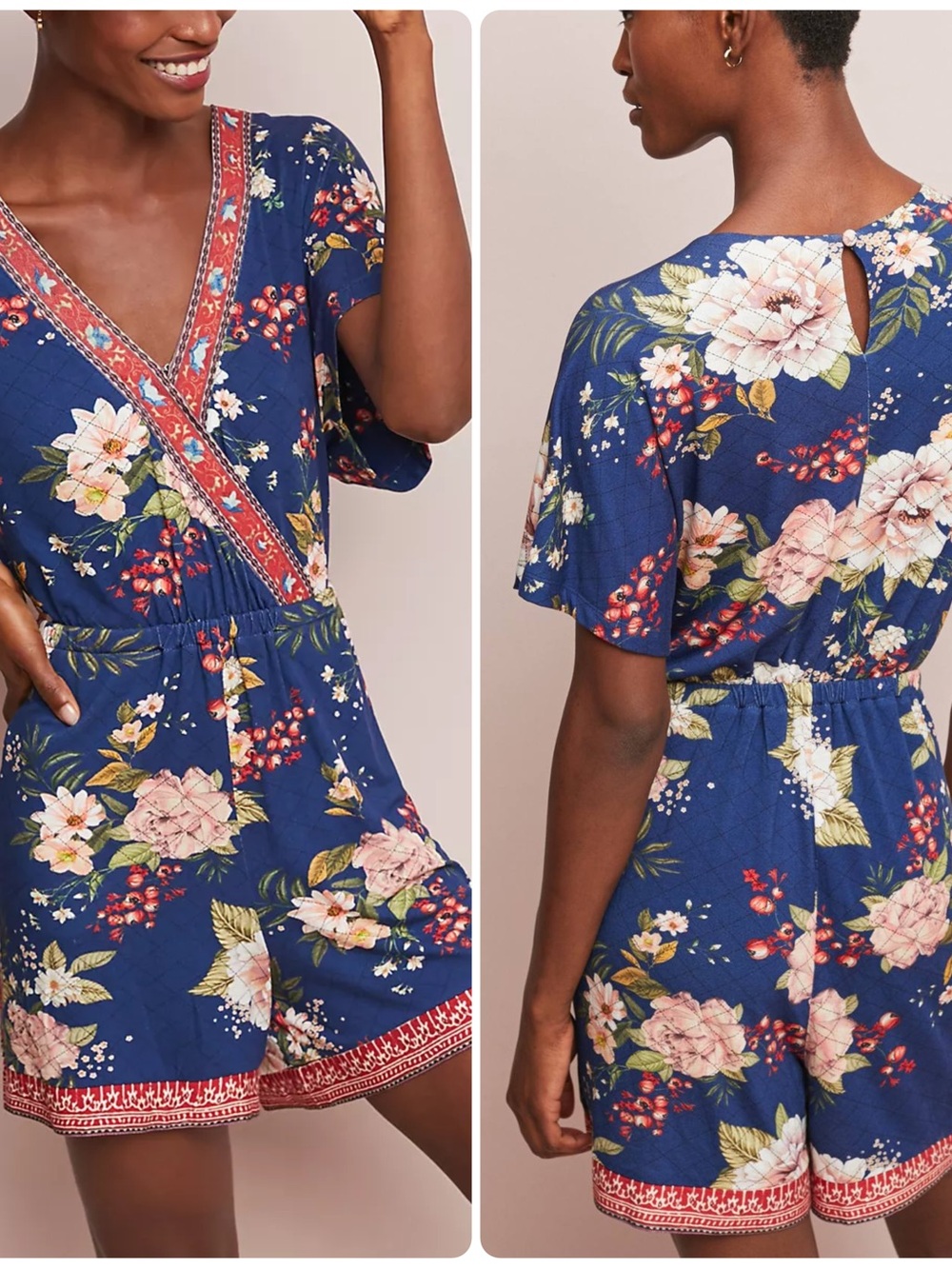 FARM Rio Blue Floral Short-Sleeve Jumpsuit Romper